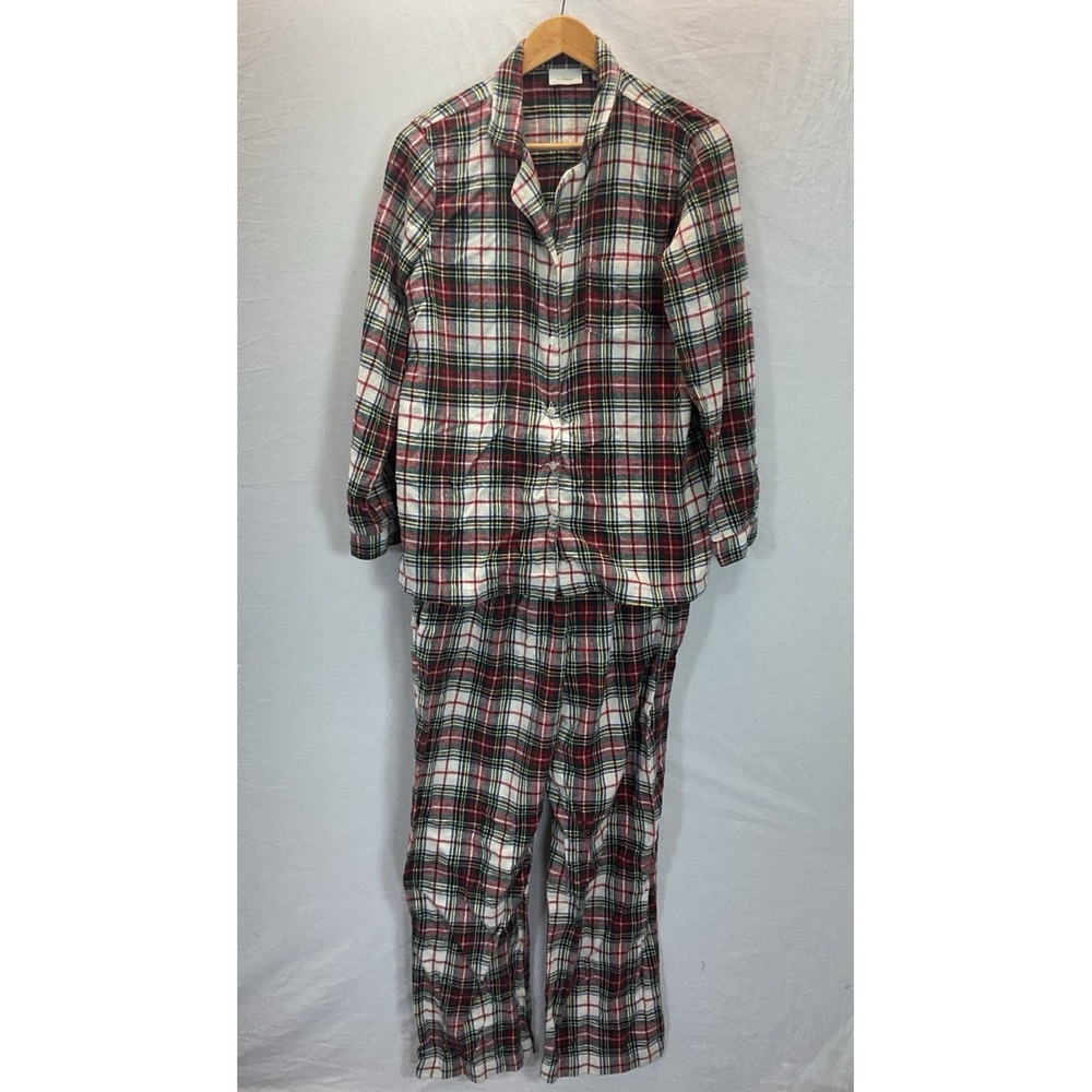 L.L.Bean Womens Scotch Plaid Flannel Pajama Set Cream Red Preppy Classic M Cozy